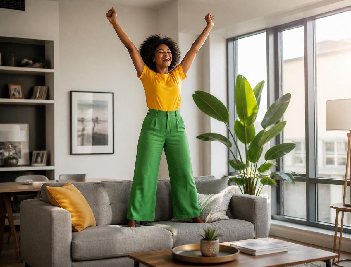 Happy homeowner celebrating in a modern Nairobi home